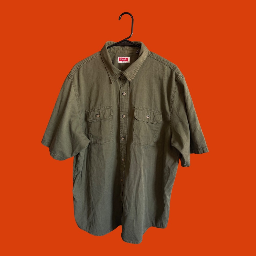 Wrangler Mens XL Short Sleeve Utility Work Shirt Olive Green Cotton Twill Boxy